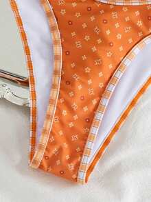 Stretchy Sexy Women's Bikini Set, Spaghetti Strap Design, Contrast Mesh Details, Blue Plaid & Ditsy Floral Vacation Beach Summer - Orange - View 6