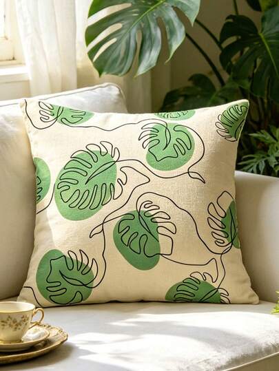 1pc Minimalist Tropical Leaf Print Pillow Cover, Monstera Leaf Line Art Plant Decorative Cushion Cover, Soft Sofa Living Room Bedroom Home Decor Pillow Sham, 45*45cm/17.71*17.71in, Pillow Insert Not Included.