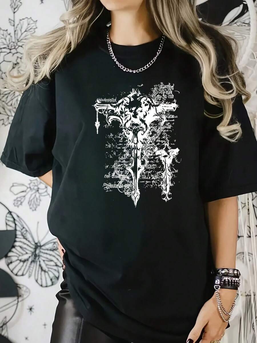 Diseño de arte en script de cruz gótica Estampado digital Manga corta Unisex Algodón puro Holgado y cómodo - Negro - Ver 1
