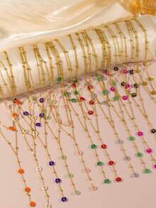 Stainless Steel Multi-Color Beaded Flower Decorative Necklace, Gold-Plated Y-Shaped Chain Necklace, Elegant Minimalist Style, Suitable For Women's Daily Wear, Can Be Used As Valentine's Day, Mom, Mother's Day Gift - Multicolor - View 1