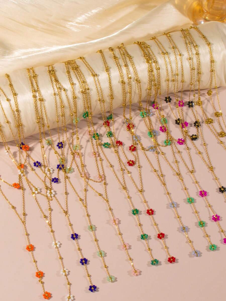 Stainless Steel Multi-Color Beaded Flower Decorative Necklace, Gold-Plated Y-Shaped Chain Necklace, Elegant Minimalist Style, Suitable For Women's Daily Wear, Can Be Used As Valentine's Day, Mom, Mother's Day Gift - Multicolor - View 1
