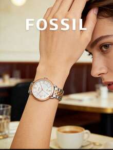 Fossil 女款石英手錶，奢華品牌，不鏽鋼手鍊，玫瑰金/銀色，鑲嵌錶盤，日期顯示，正式類比手錶，適合辦公室、週年紀念、生日、情人節、畢業典禮的優雅禮物 - 白色 - 查看 2