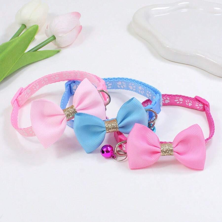 1 pieza Collar ajustable de 17-35cm con campana, lentejuelas, lazo y patrón de huella de pata, decoración de cinta para uso diario de gatos, perros y mascotas - Multicolor - Ver 1