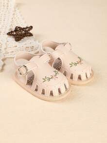 1 Pair Solid Color Printed Flat Design Fashionable Cute Princess Sandals Breathable Toddler Shoes Suitable For Summer - Apricot - View 2