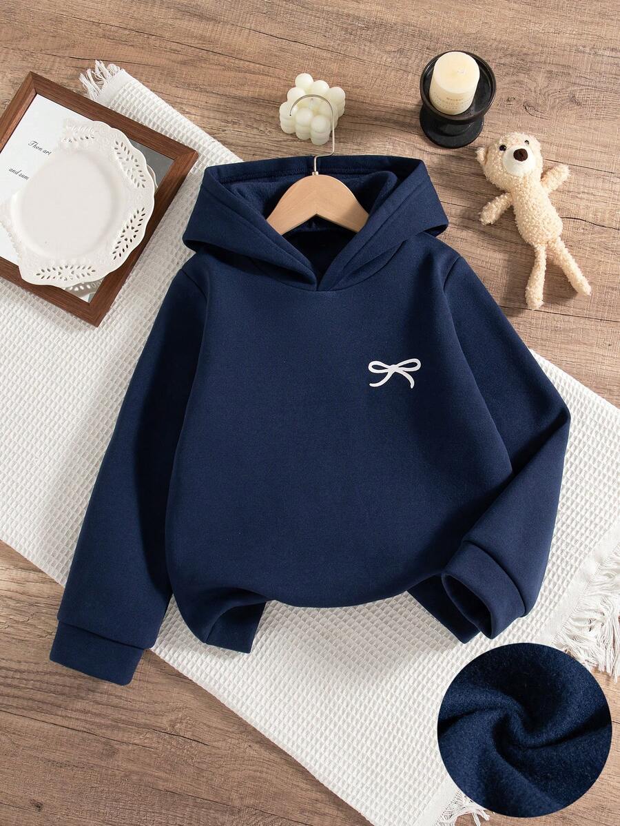Tween Girls' Casual Bow Print Hooded Long Sleeve Sweatshirt, Regular Fit, Autumn/Winter - Navy Blue - View 1