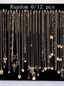 Random 6/12pcs Vintage Heart Butterfly Star Moon Faux Pearl Pendant Necklace Set For Women, Dating, Party, Vacation Gift - Yellow Gold - View 1