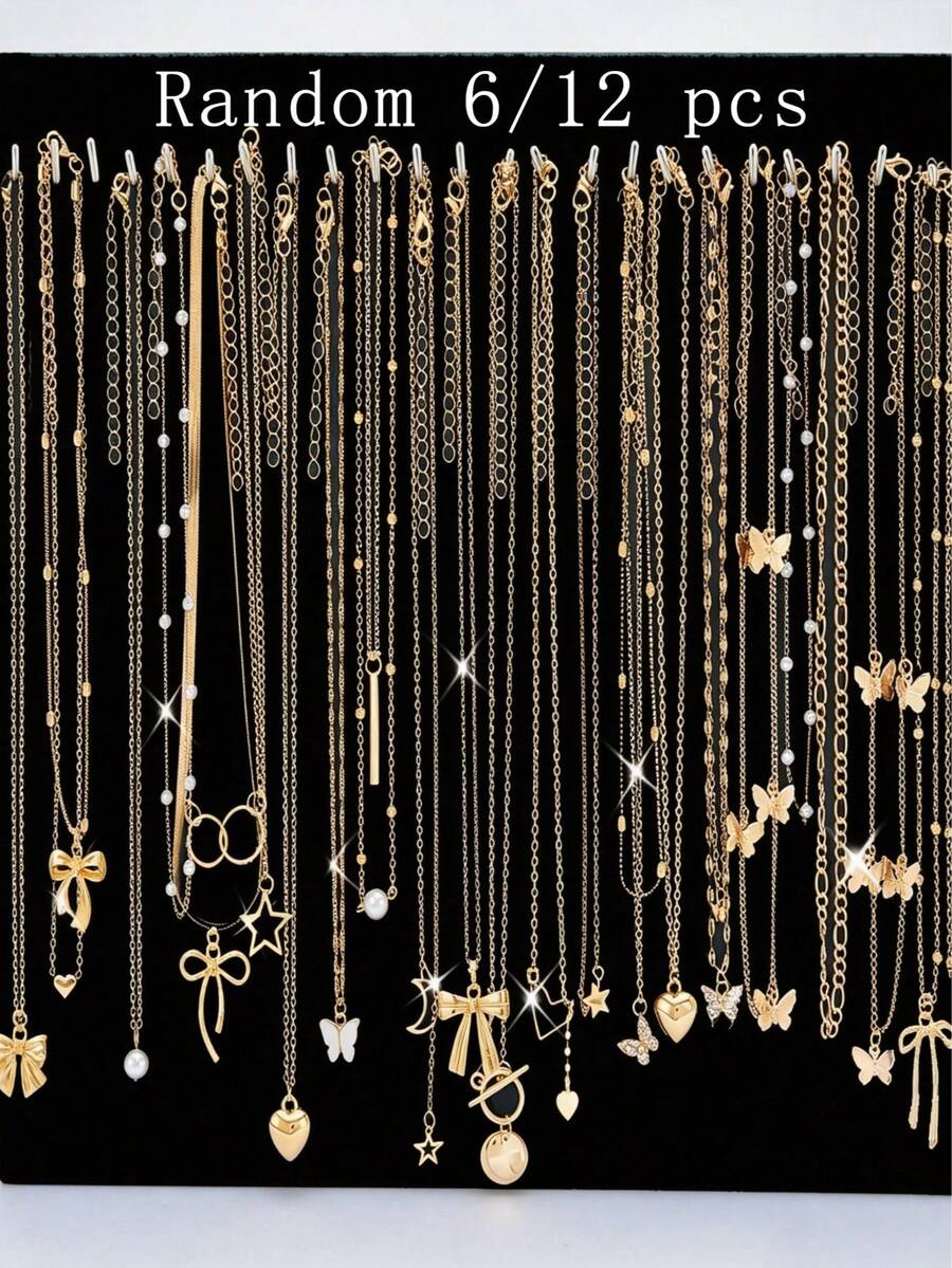 Random 6/12pcs Vintage Heart Butterfly Star Moon Faux Pearl Pendant Necklace Set For Women, Dating, Party, Vacation Gift - Yellow Gold - View 1