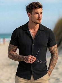 Men's Casual Ribbed Resort Shirt Short-Sleeve Button-Down Camp Collar - Black - View 5