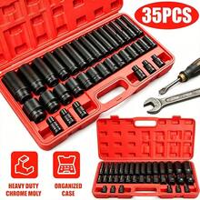 [SummerVibes]35pcs 1/2 Inch Drive Deep Impact Socket Set Metric Garage Workshop Tools,Heavy Duty Impact Socket Set With Portable, Red - 1 - 查看 1