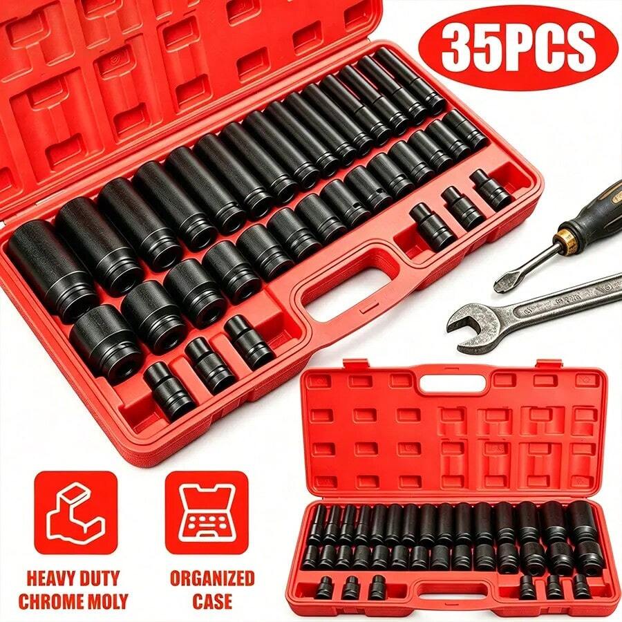 [SummerVibes]35pcs 1/2 Inch Drive Deep Impact Socket Set Metric Garage Workshop Tools,Heavy Duty Impact Socket Set With Portable, Red - 1 - 查看 1