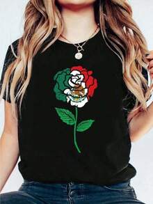 Camisetas con estampado gráfico de la bandera mexicana y rosas, camiseta deportiva de manga corta y cuello redondo para mujer, estilo casual y a la moda, 100% algodón, para primavera/verano. - Negro - Ver 1
