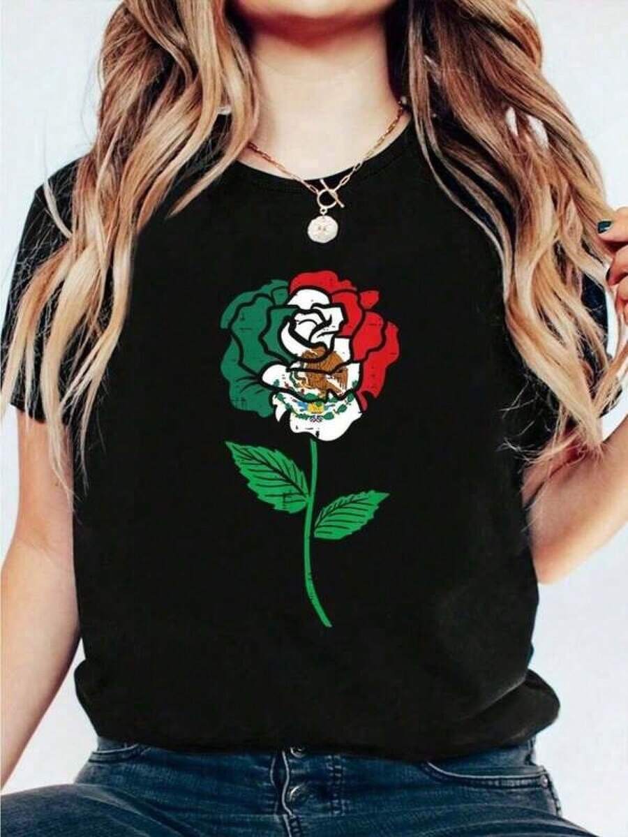 Camisetas con estampado gráfico de la bandera mexicana y rosas, camiseta deportiva de manga corta y cuello redondo para mujer, estilo casual y a la moda, 100% algodón, para primavera/verano. - Negro - Ver 1
