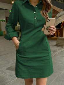 Vestido corto elegante de mujer con manga larga, estilo de moda casual con solapa y decoración de botones, para primavera y otoño - Verde - Ver 5