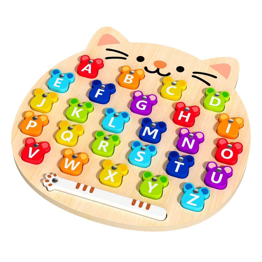 1 Set Papan Gores Huruf Kayu Bergambar Kucing Kartun, Papan Puzzle Mencocokkan 26 Huruf untuk Anak-Anak, Mainan Sains Edukatif, Mainan Sains Edukatif Kognitif untuk Pembelajaran Dini - MultiWarna - View 1
