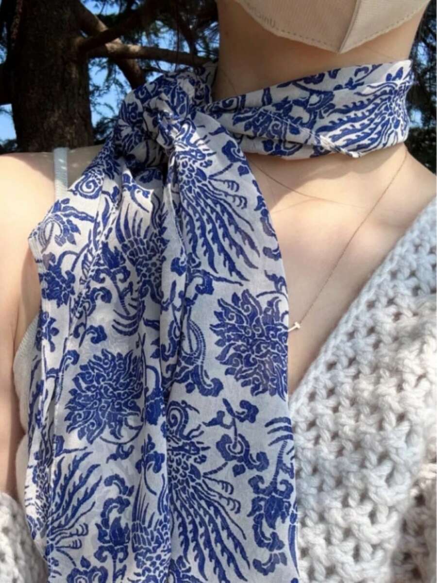 1pc Blue And White Porcelain Style Scarf, Elegant 2026 New Spring/Summer Fashion Versatile Thin Neck Scarf - Multicolor - View 1