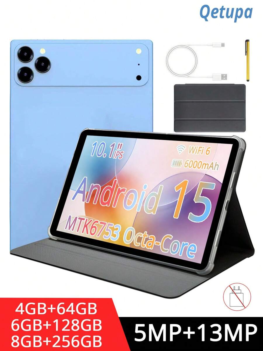 Qetupa 10.1 吋 Android 平板電腦,附保護殼與觸控筆,4GB RAM + 64GB ROM / 6GB RAM + 128GB ROM / 8GB RAM + 256GB ROM(支援最高 1TB SD 卡擴充),1280x800 觸控螢幕,5MP 前置鏡頭與 13MP 後置鏡頭,6000mAh 電池 - 淺藍色 - 查看 1
