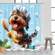 1 pieza Cortina de ducha con Yorkie lindo en baño de burbujas, de poliéster impermeable y lavable a máquina, decoración de baño con perro de dibujos animados - C - Ver 5
