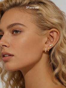 3Pairs Earrings Set For Women Gold Plated Zirconia Stud Hoop Earrings Stack Women Daily Jewelry Accessories - 3Pairs/set - View 3