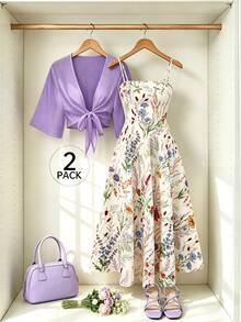 Set Gaun dan Kardigan Chiffon Motif Bunga Kecil Elegan untuk Wanita, Busana Liburan Romantis Musim Semi - MultiWarna - View 10