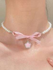 1pc Fashionable European & American Style Versatile Pearl Heart Bowknot Choker Necklace For Women Valentine's Day Accessories - Necklace - View 9