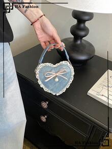 1pc Mini Heart-Shaped Handbag, Fashion Quilted Embroidery Shoulder Bag, Cute Lace Trim Coin Purse, 2026 New Denim Keychain Crossbody Bag For Women - Blue - View 7