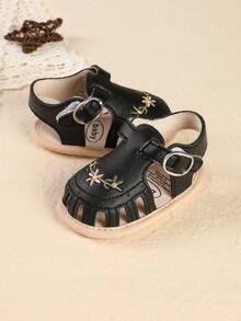 1 Pair Solid Color Printed Flat Design Fashionable Cute Princess Sandals Breathable Walking Shoes For Infant Girls, Suitable For Summer - Black - View 4