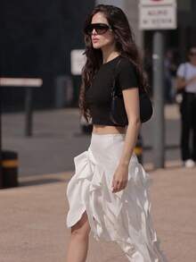 Buzzelle Asymmetrical Draping Ruffle Hem Slit Skirt, Versatile Commuter Design, Street Style Inspired White - White - View 5