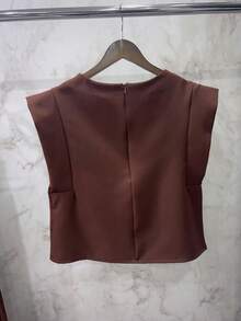 Women's Set: Sleeveless Round Neck Solid Color Top For Summer And Wide-Leg Pants With Belt And Pocket - Chocolate Brown - View 5