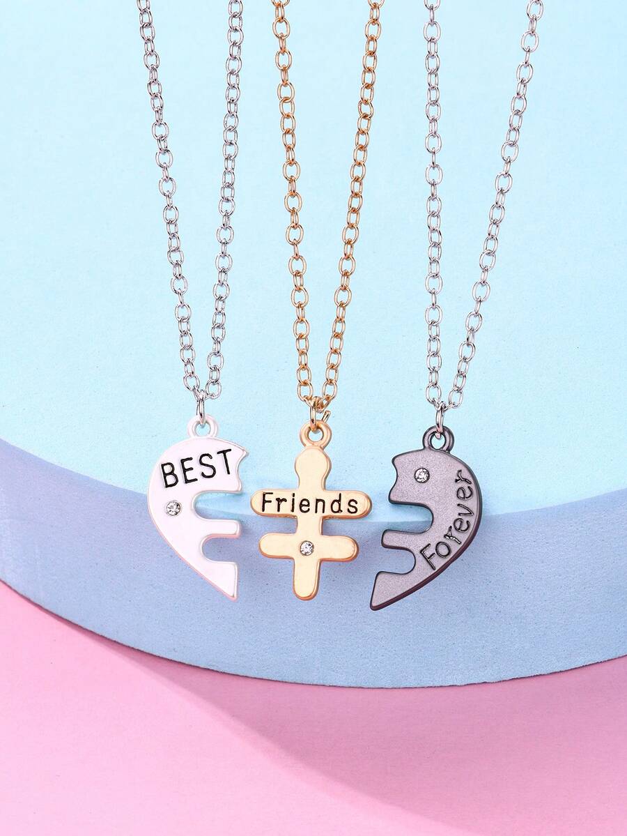 Set de 3 collares con colgante de corazón con letras de "Mejores amigas por siempre", adecuado para uso diario, regalo, vacaciones - Multicolor - Ver 1