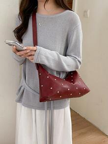 BEIKAMU Fashion Rivet Decor PU Crossbody Bag, Adjustable Shoulder Strap Zipper Closure Versatile Shoulder Bag Satchel, Suitable For University, Commuting, Shopping, Strolling, Daily Use - Burgundy - View 7
