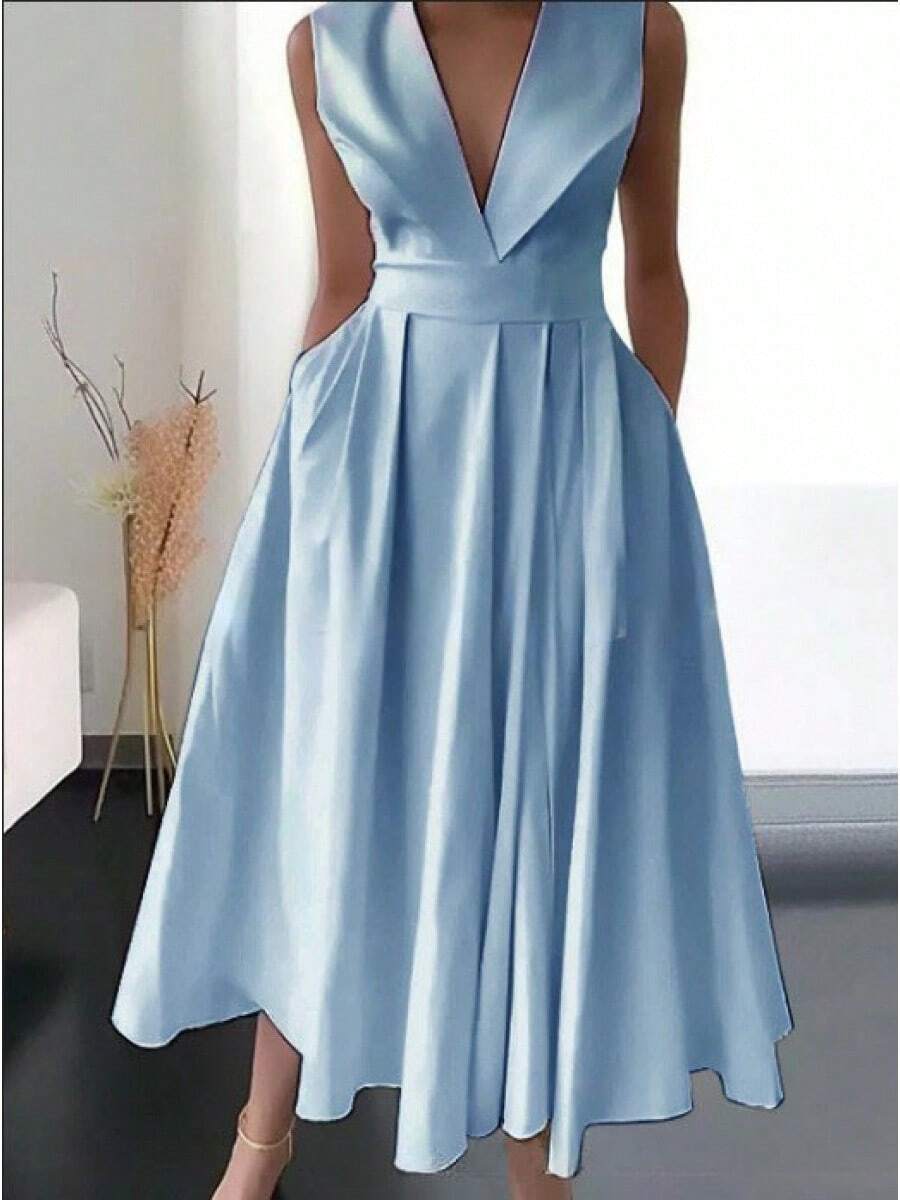 Summer Dresses For Women 2023 New Cross-Border Foreign Trade European And American Women's Clothing Summer Sleeveless Waist-Cinching Pocketed Large H - 天藍色 - 查看 1