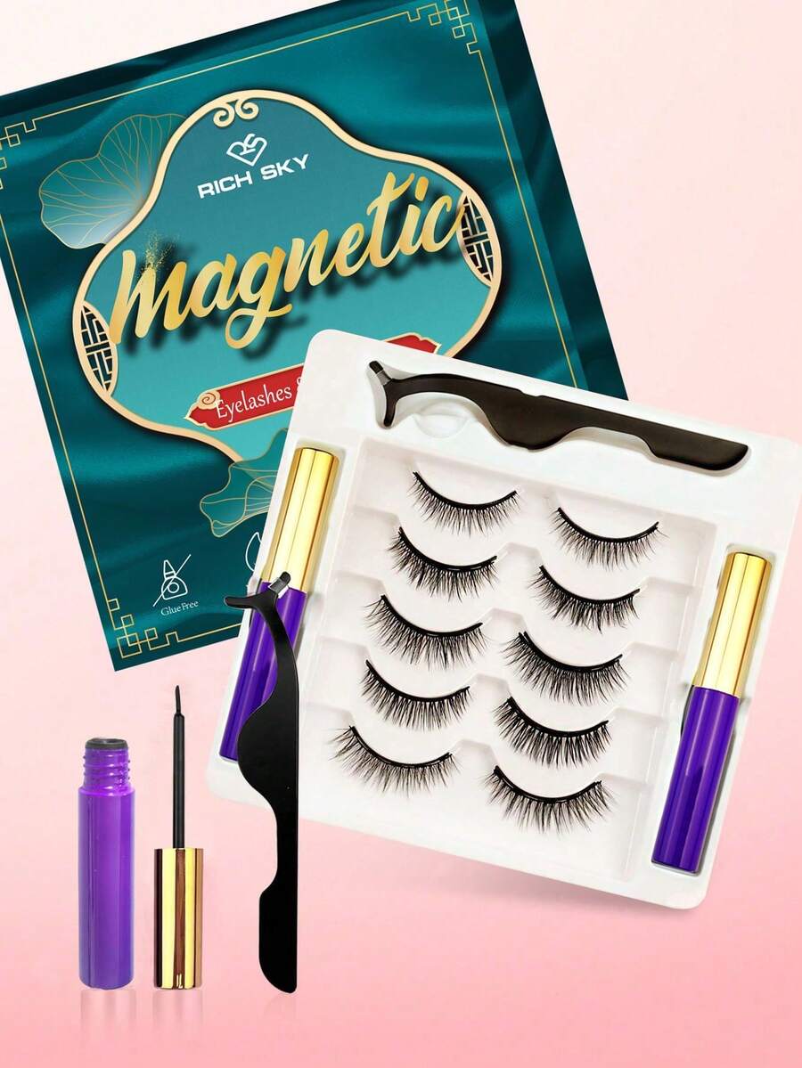 Waloshow 5 Pairs Magnetic False Eyelashes Set, 5 Pairs Fake Lashes With Tweezer, Easy To Wear (5 Pairs)