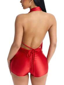 Women's Summer Club Outfits Backless Rompers Rave Date Night Twist Knot Halter Shorts Party Jumpsuits - Rojo - Ver 2