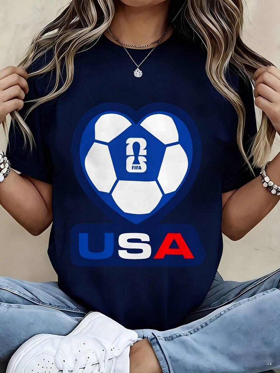 FIFA-USA Soccer Heart Graphic T-Shirt - Women's Casual Crew Neck Cotton Tee With FIFA Emblem Design, Soft Breathable Summer Top For USWNT Fans, Patriotic Sports Gift For World Cup, Birthday, Or Match Day - 藏蓝色 - 查看 1