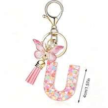 Llavero con letra, borla y colgante de mariposa, para billetera, mochila, bolso de mano - Multicolor - Ver 14