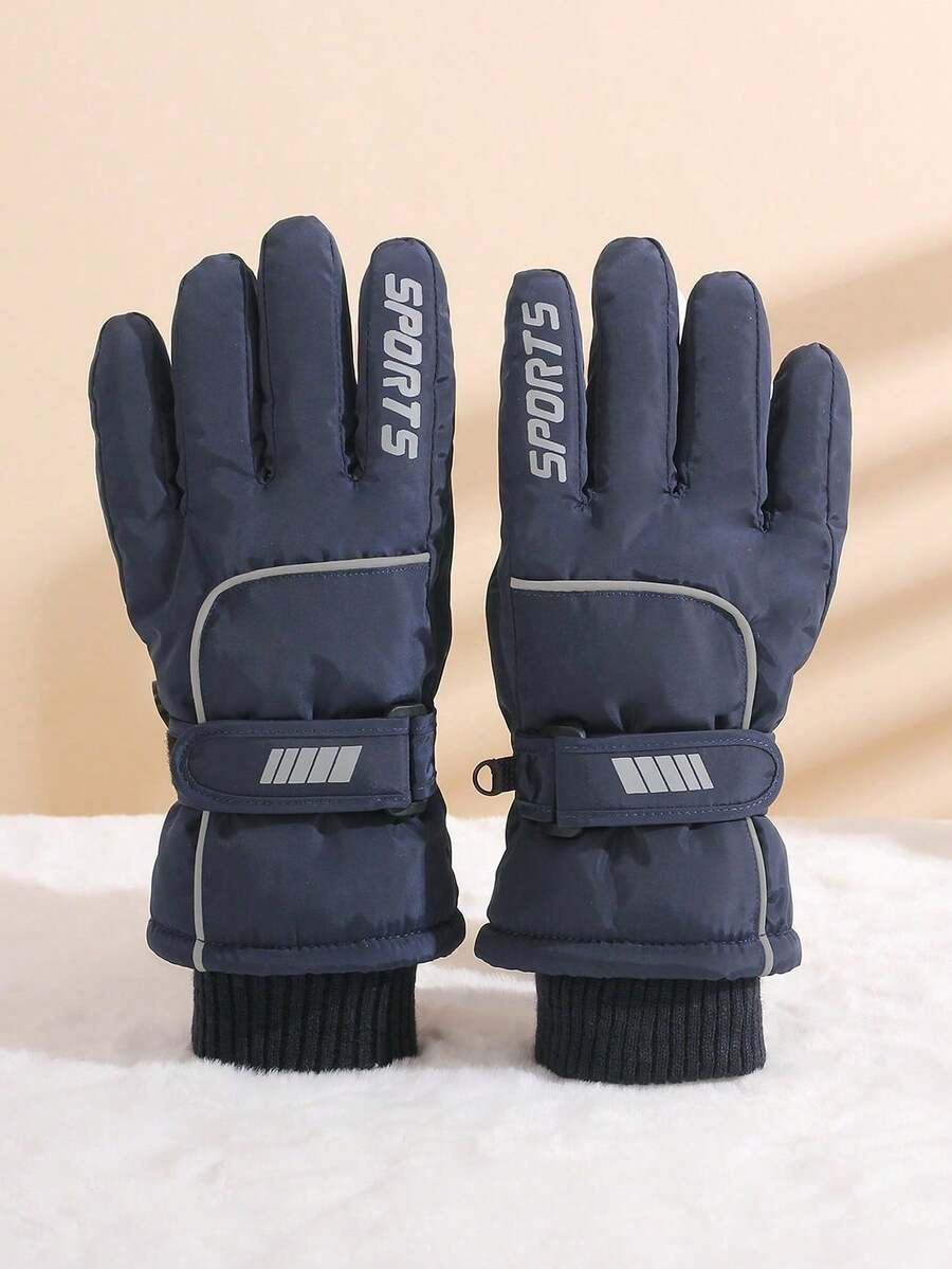 1雙 5-12歲兒童冬季保暖內裡塗鴉戶外運動滑雪手套 - 藏青 - 查看 1