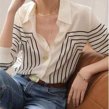 Women's fashion YUXIN Blusa de seda con rayas geométricas para mujer, de manga larga y ajustada con cuello, transpirable y de moda, adecuada para la oficina/ocasiones sociales ligeras casuales - Rojo - Ver 7