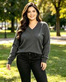 Steve Store Women's Fashion Knitwear Plus Size Basic Sweater V-Neck Long Sleeve Winter Fashion - Dark Gray - View 4