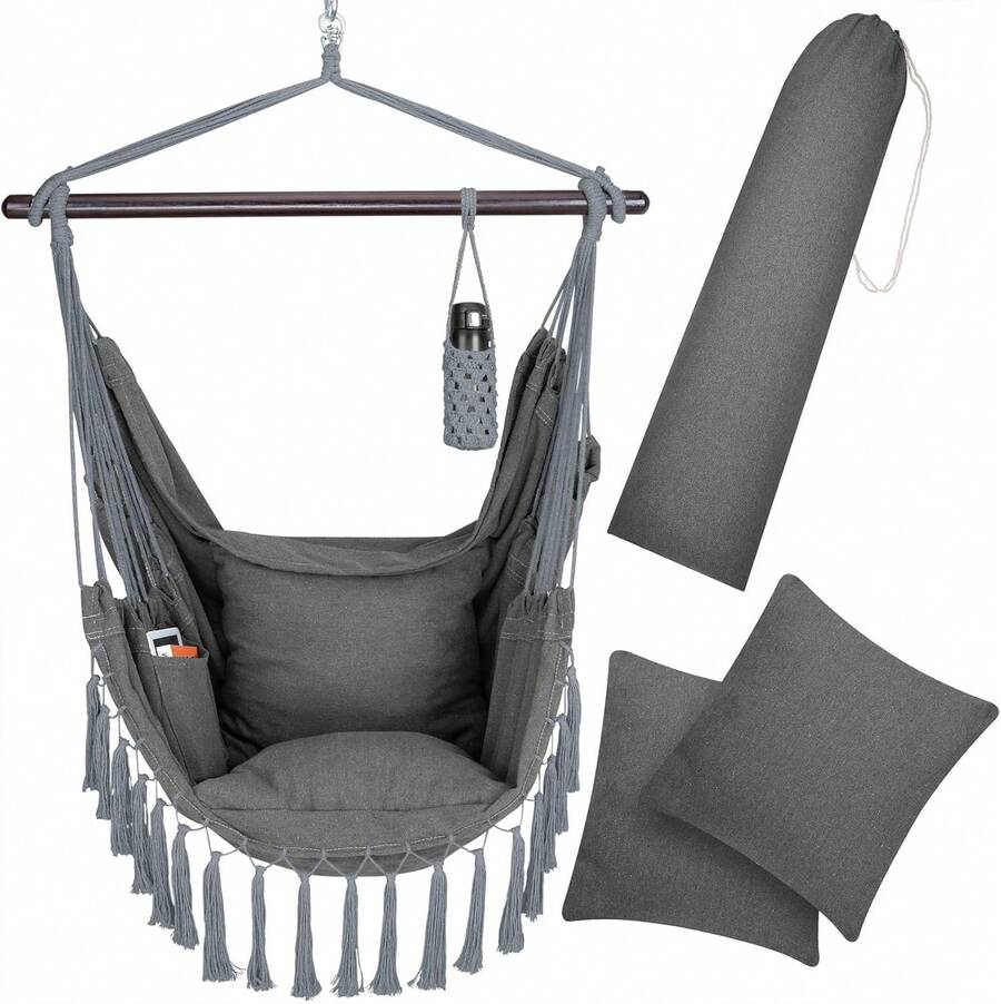 Hängesessel bis 150kg Belastbar mit Flaschenhalter Boho Stil Wetterfest Garten 360° Drehbar Anthrazit Hängestuhl Indoor & Outdoor Kissen170x100x150cm - Anthrazit - Übersicht 1