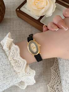 1pc Women's Oval Roman Numeral Casual Elegant Quartz Wrist Watch, Suitable For Daily Wear - Black - View 4