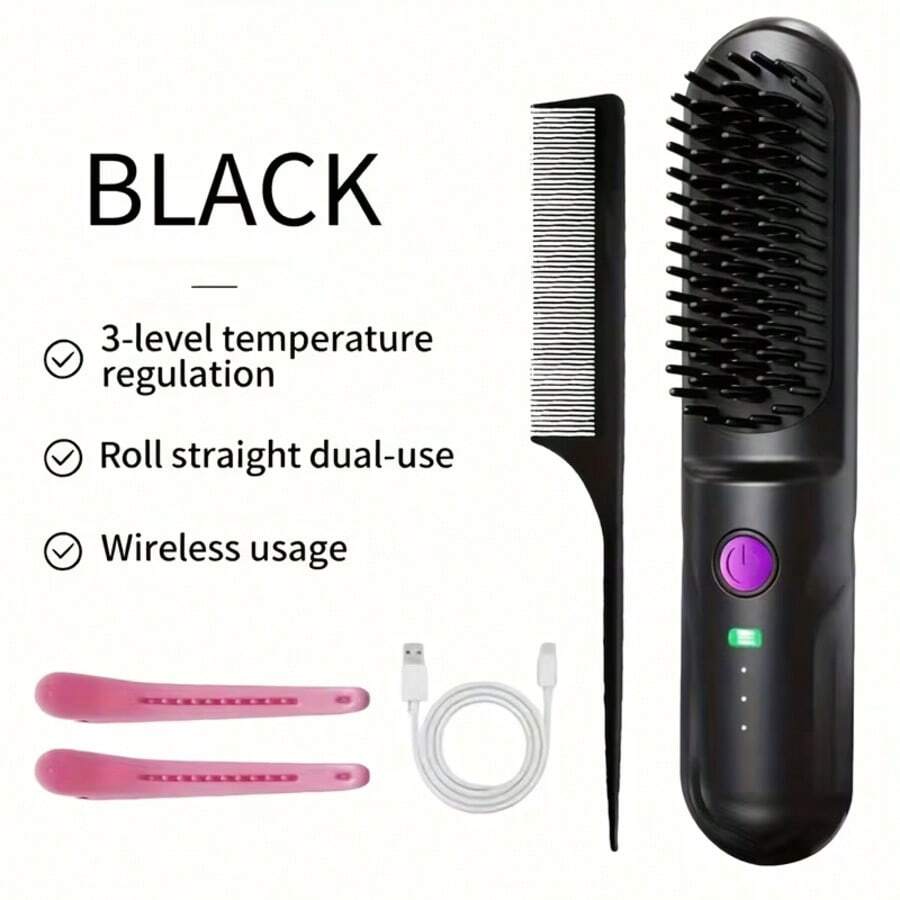 Portable 3-Minute Fast Heating Wireless Hair Straightener Comb With Constant Temperature Hair Care, Three Temperature Modes Of 170 ° C-180 ° C-190 ° C, 3D Three-Dimensional Tooth Comb Design, Negative Ion Technology, Lightweight And Compact, Perfect For Travel, Ideal Gift For Women, Christmas Gift, Preferred Gift For Loved Ones, And Family. - Black - View 1