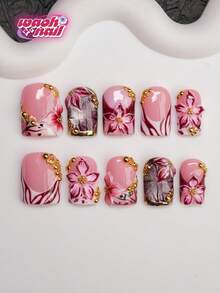 10pcs Square Shaped Handmade Nail Tips, Y2K Baddie Style, Nude, Red, Gold Nail Plates With French Edge, Carving, Steel Beads, Bubble Beads, Asymmetrical Liquid Metal, Cat Eye Element Design, Pure Handmade Nail Tips Suitable For Women And Girls, Glitter Nail Plates, 3 Size Options, Suitable For Party, Ball, Daily Wear, Includes Tool Kit, Can Be Gift For Women And Girls Handmade Press On Nails - Multicolor - View 2