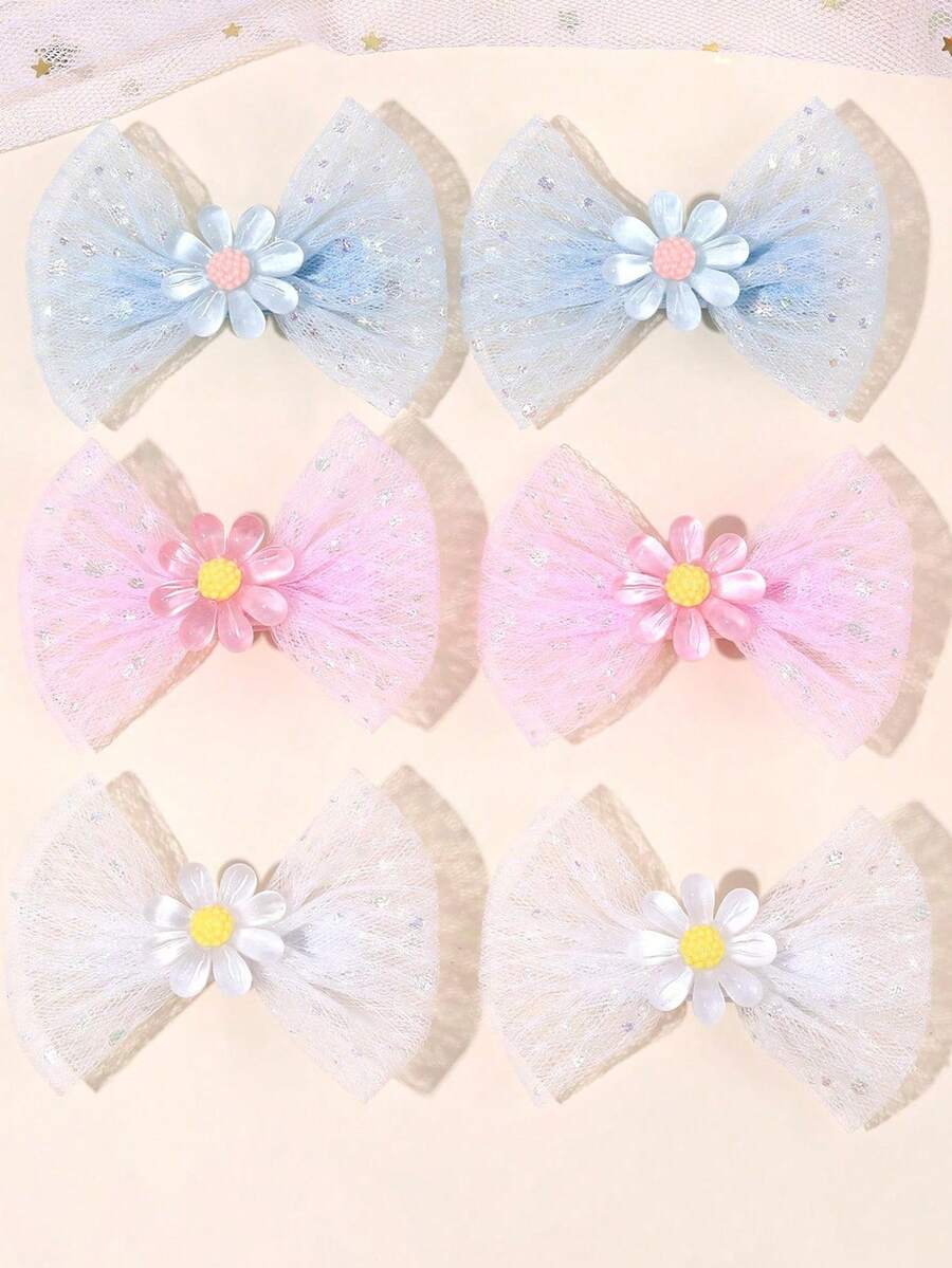 6入組女孩蕾絲花朵髮飾蝴蝶結亮片髮夾 可愛花卉網紗鱷魚夾 甜美風髮卡 夏季度假與日常休閒穿搭適用 青少年可愛髮針 - 彩色 - 查看 1