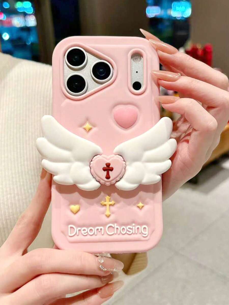 1pc Cute Pink Cartoon Angel Wings Silicone Phone Case, Compatible With IPhone 17 Pro Max, 16 Pro Max, 15 Pro Max, 14 Pro Max, High-End Fashion Phone Case, Also Fits 13/14/15/16 Pro Max - Pink - View 1