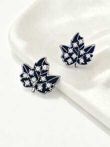 2pcs Fashionable Maple Leaf Stud Earrings, Minimalist Design With Sparkling Rhinestones, Elegant For Daily Wear - Navy Blue - View 3