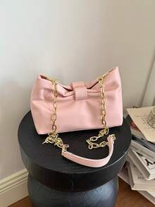 1pc Elegant Refined Solid Color Bow Ruffle Decor Shoulder Bag, Minimalist Versatile Metal Chain Crossbody Bag, PU Material High-End Sweet Cute Square Bag Suitable For Daily Commute, Women - Pink - View 9