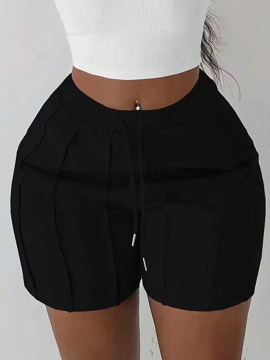 Women's Fashion Solid Color Drawstring Shorts, Casual Elastic Waist Slant Pocket Shorts, Folded Design Sports