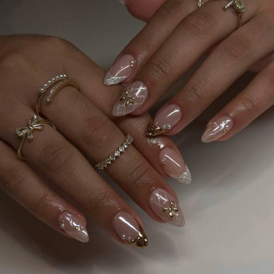 Gold Bow French Pearl Pink Short Wearable Nails With Flashing Pearls, New Style, Brightening Effect, False Nails - Như hình ảnh minh họa, keo dán dạng gel không được bao gồm. - Xem 1