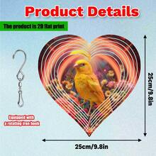 2D Flat, 1pc, Elegant Yellow Bird Heart-Shaped Wind Chime (9.8in*9.8in), Metal Wind Chime Double-Sided Heart Print Design - With Hook For Easy Hanging - Ideal For Garden, Balcony, Patio, Outdoor Wind Chime Decor, Perfect Gift (Pendant Not Included), Random Style - A - View 2