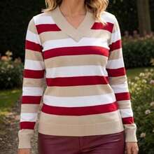 Women's Striped Sweater Top | Women's Long Sleeve Striped Top | Striped V-Neck Top - 紅沙 - 查看 2